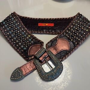 Kurtmen Designs Studded Leather Belt | Turquoise & Crystal Embellished | Size S